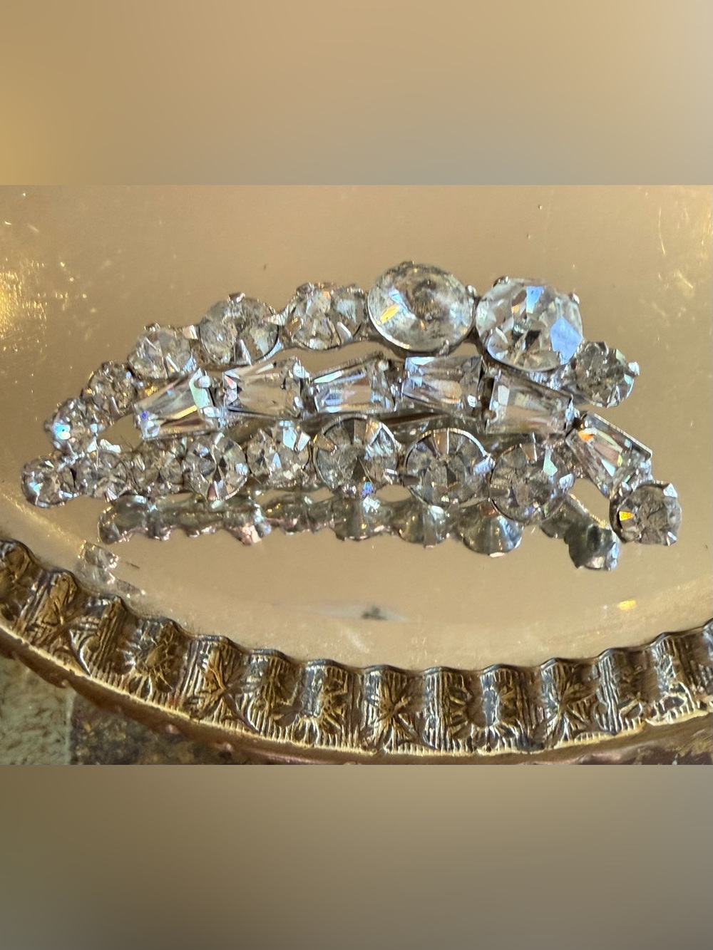 VTG 1950s Silver Tone Clear Rhinestone Wave Cluster Brooch Pin Unsigned